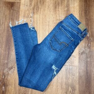 American Eagle Blue Super Hi-Rise Jegging Super Stretch Dark Wash Distressed